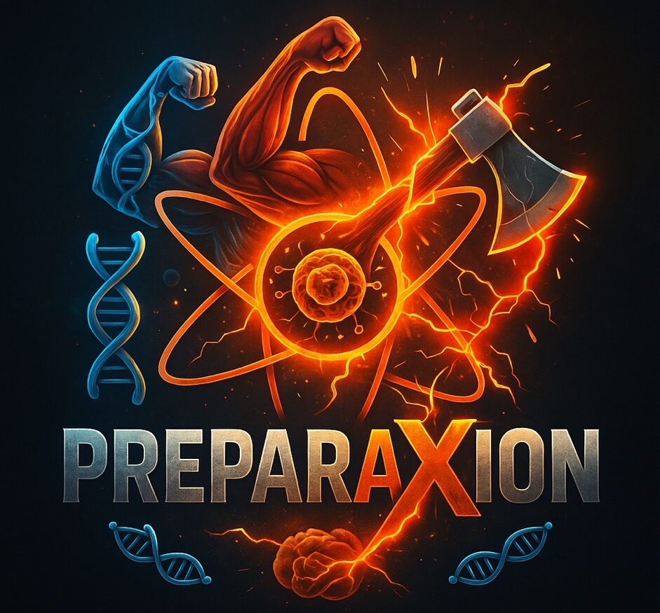 Des symbole de preparAXion représentant un cerveau ou vit notre conscience, un muscle qui représente la force et le vouloir. Une hache,un atome et un ruban d’adn pour symboliser le changement metabolique et la découverte du fonctionnement humain. Coach innovateur coach de conscience